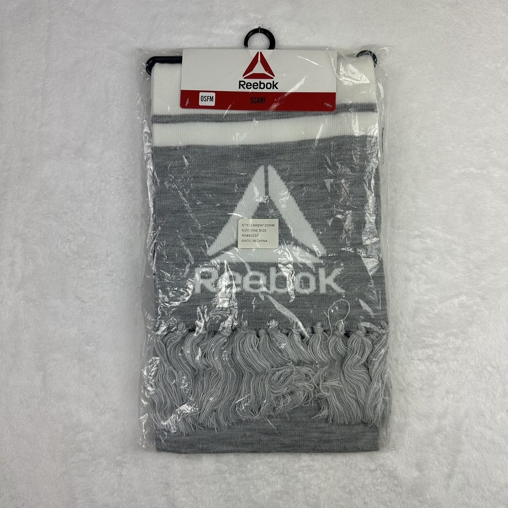 REEBOK Logo Rally Scarf Gray White Tassle Fringe New Sealed